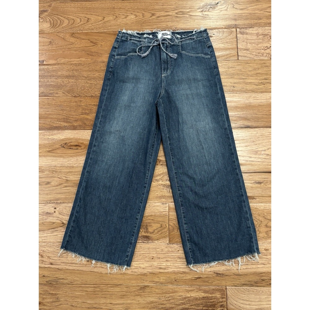 Paige Drawstring Cropped‎ Wide-Leg Raw Hem/Waist Jeans Womens 25 Blue Mid-Rise